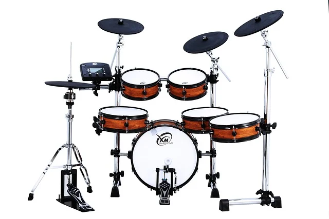 An electronic drum kit with multiple pads and cymbals on stands.