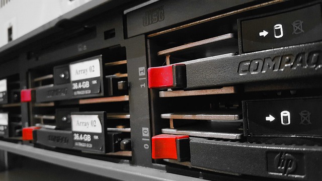 Close-up view of server hardware drive bays in a rack