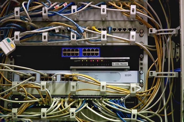 A server rack with messy network cables and routers