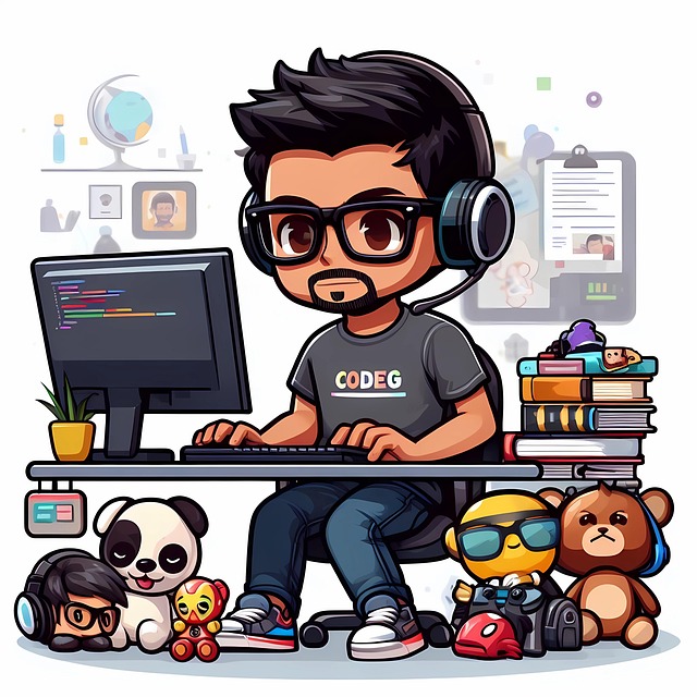 Cartoon developer wearing headphones working on a computer at a desk