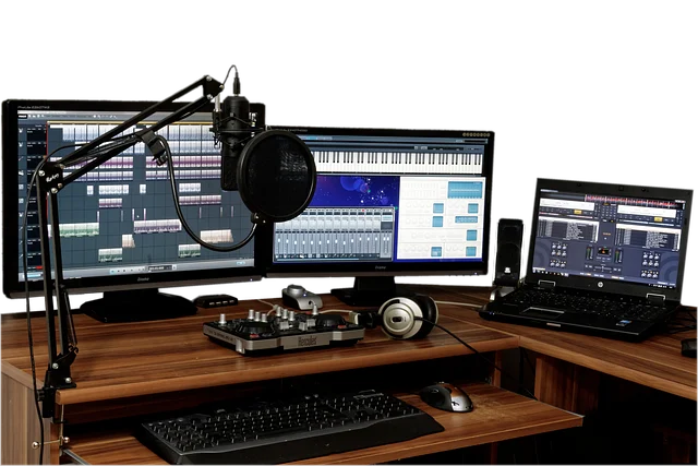 A home studio setup with multiple screens, a microphone, and a mixer.