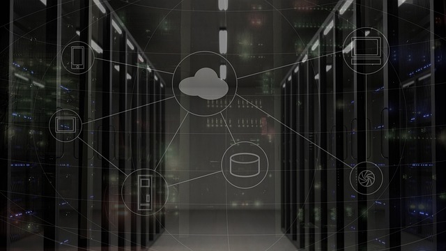 Server room with overlaid cloud computing and device network icons