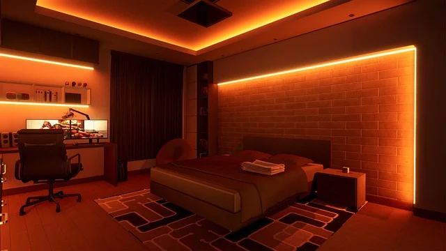 A gaming setup with dual monitors in a bedroom with orange LED lighting.