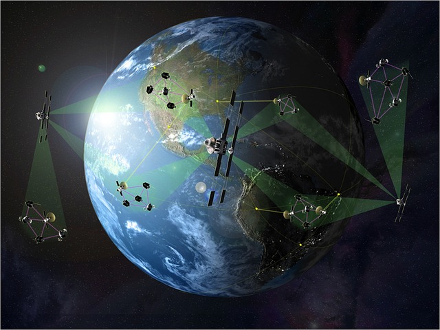An illustration of satellites orbiting Earth forming a global communications network