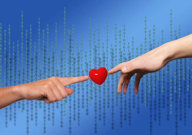 Two hands touching a heart with binary code in the background