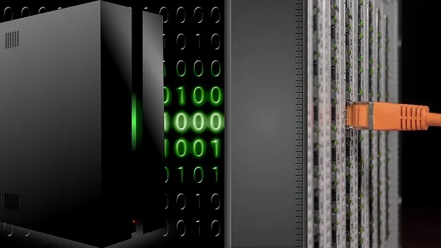 Server, binary code, and network cable representing data and security.