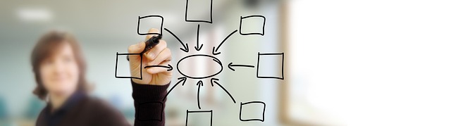 A person drawing a flowchart diagram on a glass screen