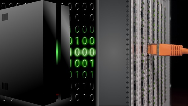 Server hardware with binary code and connected ethernet cable