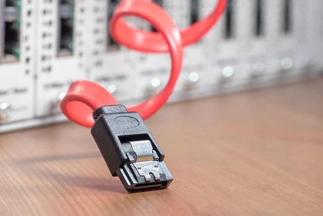 A red SATA cable with a server rack in the background.
