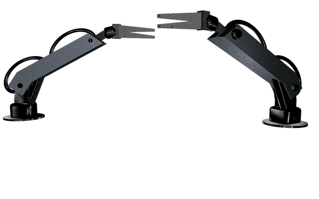 Two robotic arms reaching toward each other on a black background