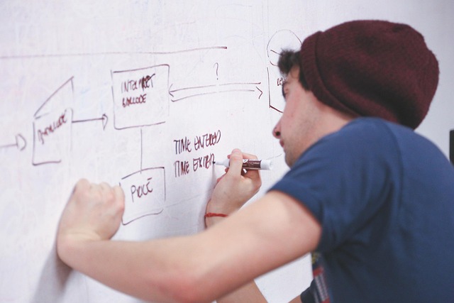 A man drawing a process diagram on a whiteboard