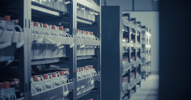 Racks of battery hardware or servers in a data center