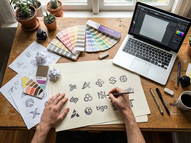 A designer sketching logo concepts at a desk with a laptop