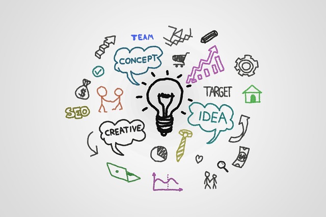 Doodle illustration of business strategy icons surrounding a central lightbulb
