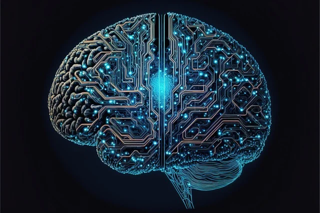 Grok news: A human brain with glowing circuit board patterns, symbolizing AI or technology.