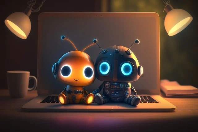 Two cute robots sitting on a laptop, representing AI development.