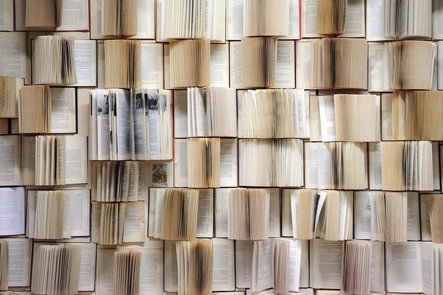 A wall of open books forming a grid pattern