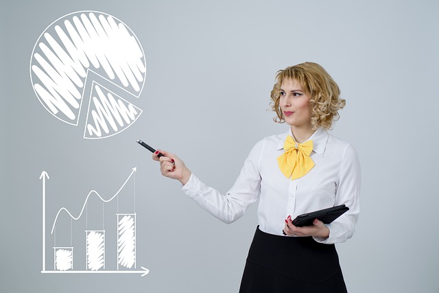 A woman pointing towards a drawn pie chart and bar graph