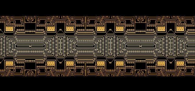 Golden abstract circuit board pattern on a black background