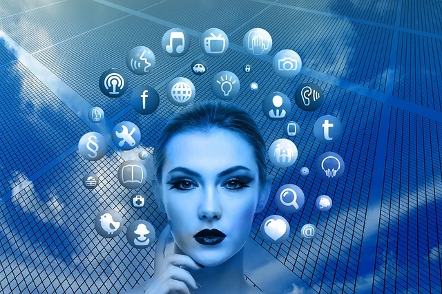 A woman's face surrounded by various floating app and media icons