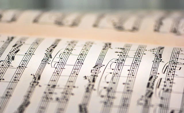 Open pages of printed sheet music with musical notes