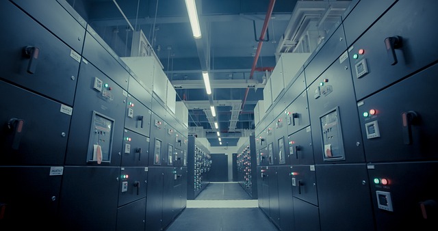 Rows of control cabinets and servers in a data center