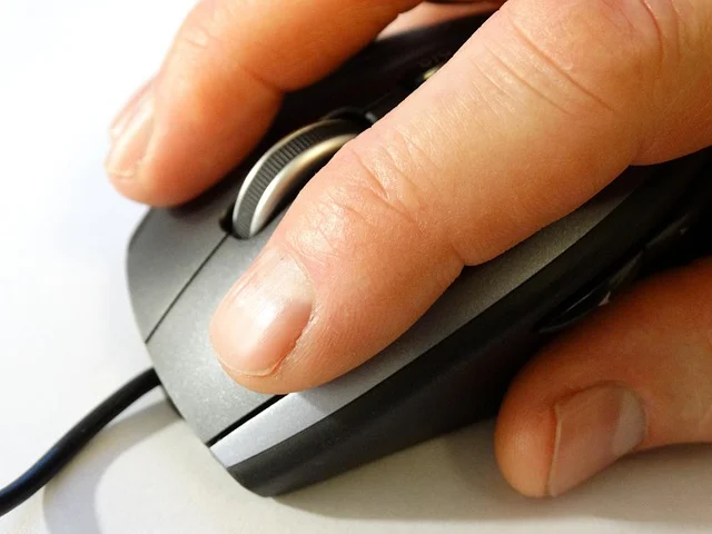 A close-up of a hand using a computer mouse