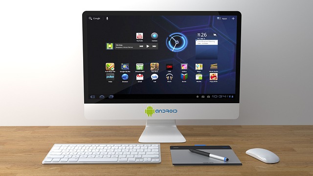 An Android workstation setup with a display, keyboard, stylus, and mouse