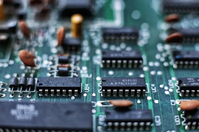 Close-up of a circuit board with various chips and components.