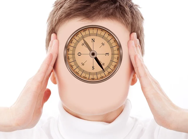 A child's face with a compass over it, hands on temples.