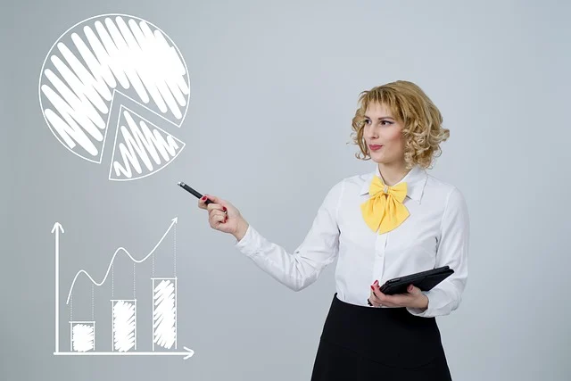 A woman pointing at a pie chart and a bar graph, representing data analysis.