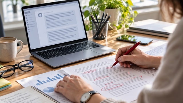 A person editing a printed document at a desk with a laptop