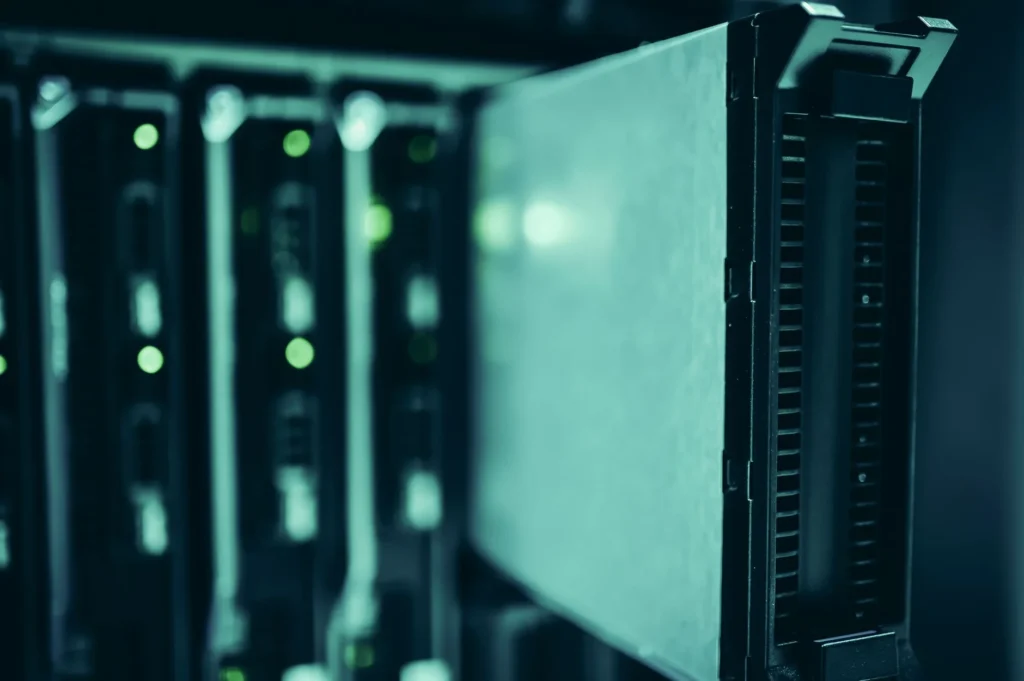 A server module being inserted or removed from a server rack