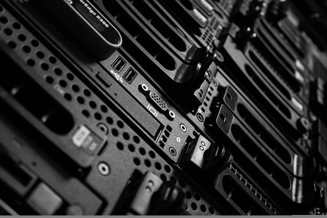 Close-up of server rack hardware in a data center