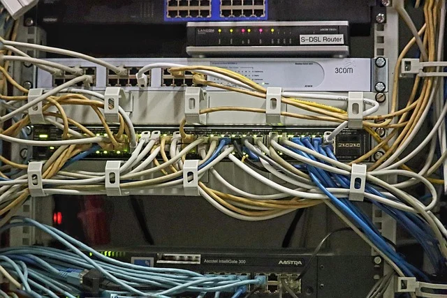 System management server: A server rack with switches, routers, and network cables