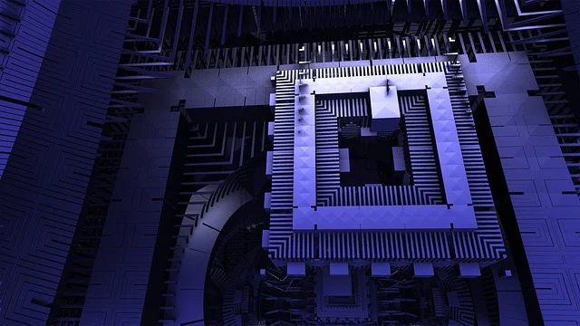 Abstract 3D purple digital architecture representing a microchip or circuitry