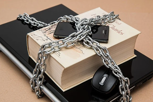 A smartphone, book, and mouse chained to a laptop