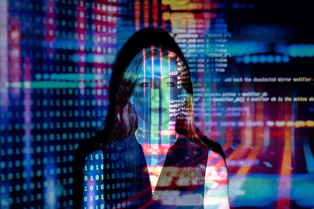 Woman with programming code and data projected onto her