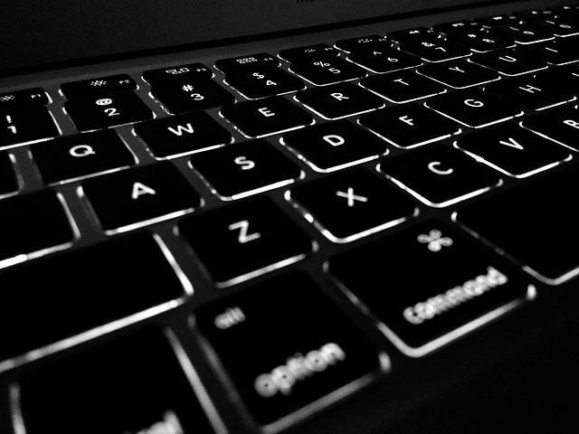 A close-up black and white photo of a backlit laptop keyboard
