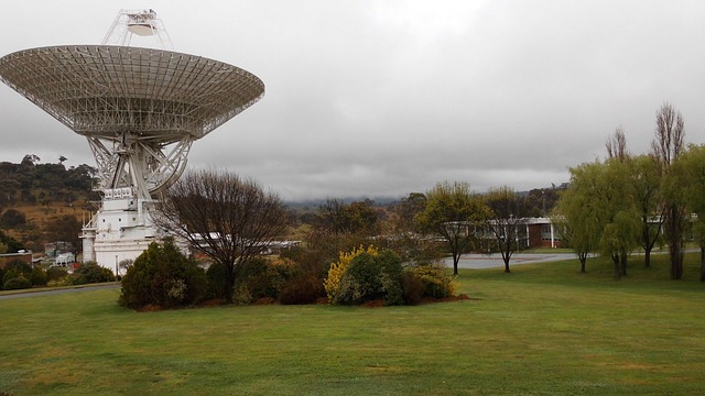 A large satellite dish ground station antenna