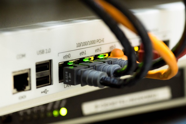 Network cables plugged into a router with glowing status lights