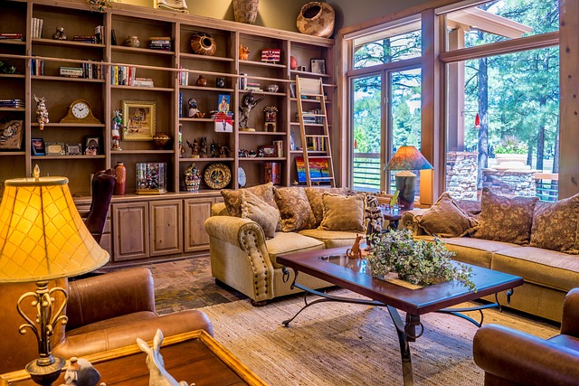 A cozy living room with large bookshelves, sofas, and big windows